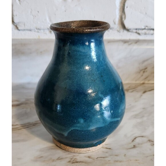 Modern Stoneware Pottery Vase Signed CHAR 2023 Teal Drip Swirl Glaze 5.5" - Picture 5 of 7